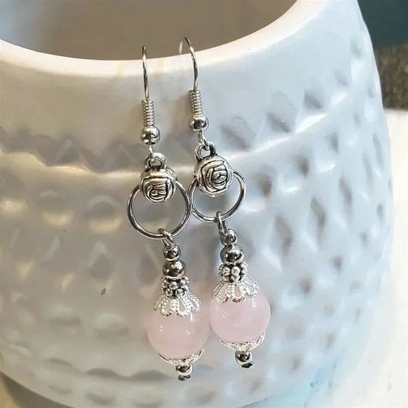Pink Rose Quartz Lacy Trim Silver Carved Rose Handcrafted Earrings - Picture 5 of 10
